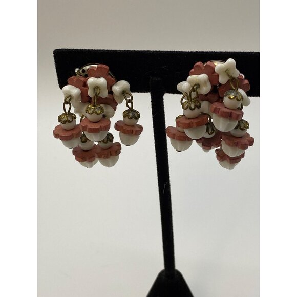 Vintage West Germany Clip-On Earrings W/ White & Red Bead Dangle Flowers Brass A - Picture 1 of 9